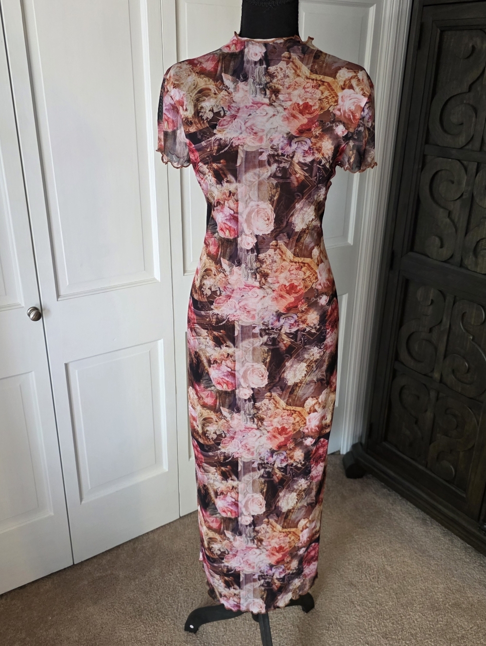 Almost Famous Mesh Floral Bodycon Midi Dress Sheer Overlay Y2K Size L